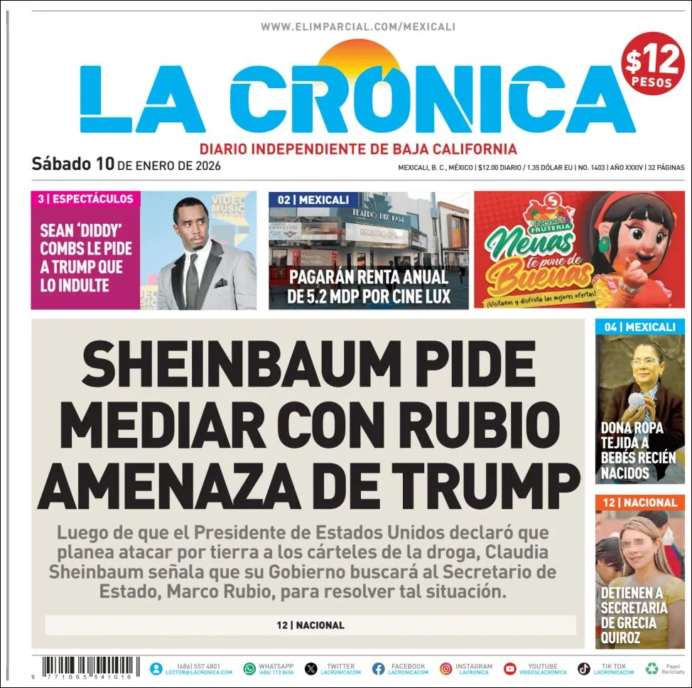 Portada de La Cronica del sábado, 10 de enero de 2026