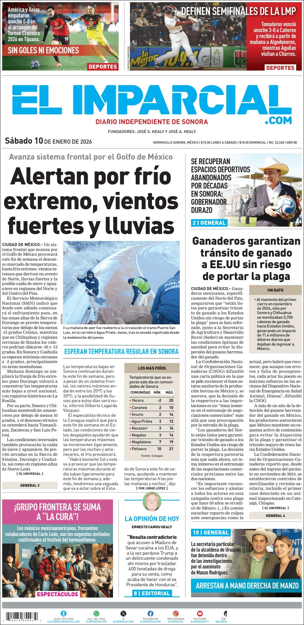 Portada de El Imparcial del sábado, 10 de enero de 2026