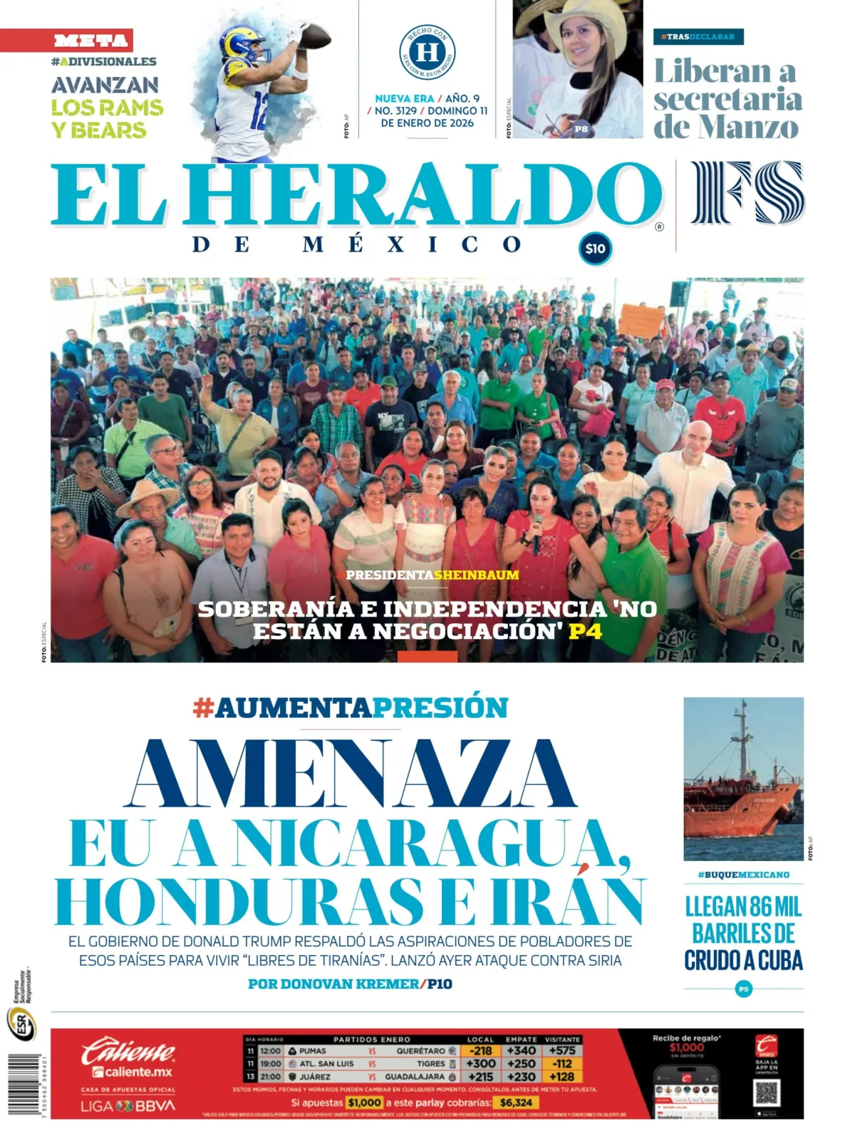Portada de El Heraldo de Mexico del domingo, 11 de enero de 2026