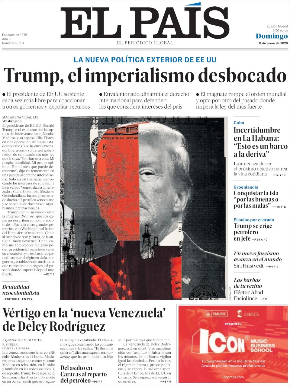 Portada de El Pais del domingo, 11 de enero de 2026