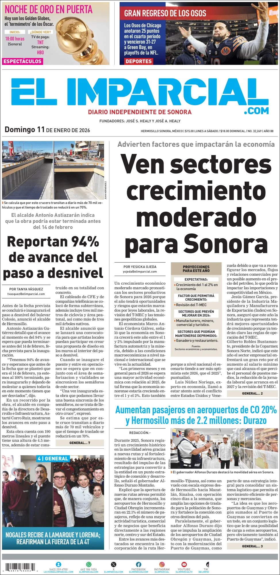 Portada de El Imparcial del domingo, 11 de enero de 2026