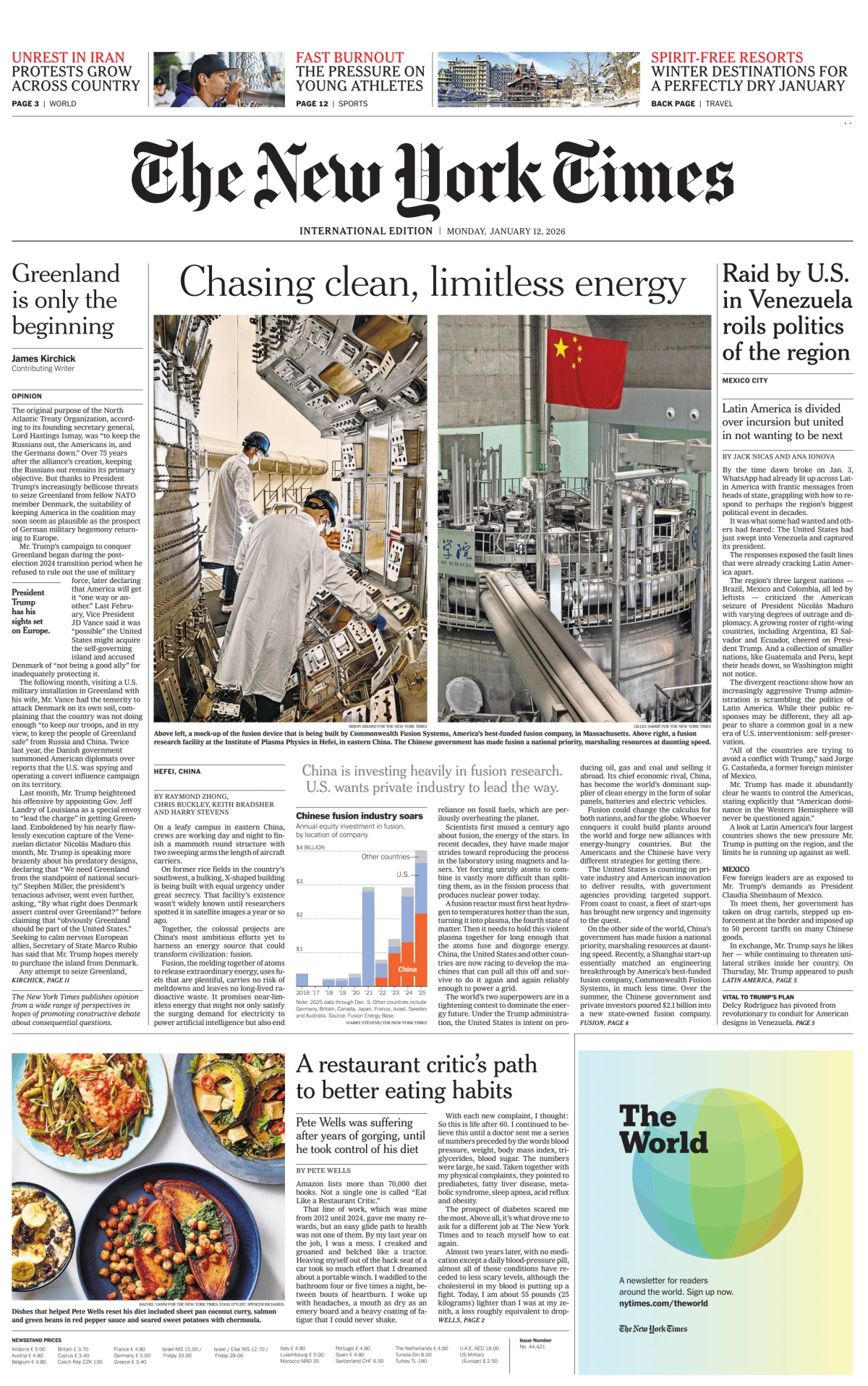 Portada de The New York Times (international) del lunes, 12 de enero de 2026