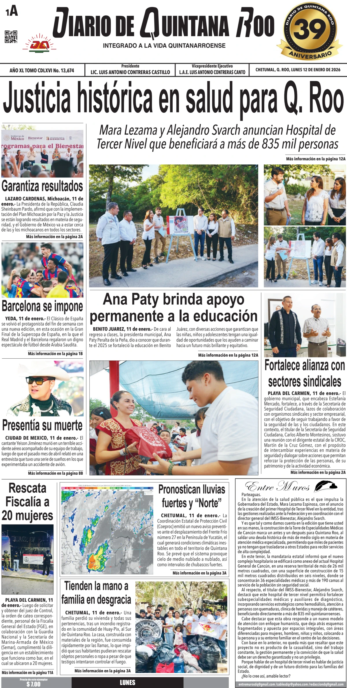 Portada de Diario de Quintana Roo (portada) del lunes, 12 de enero de 2026