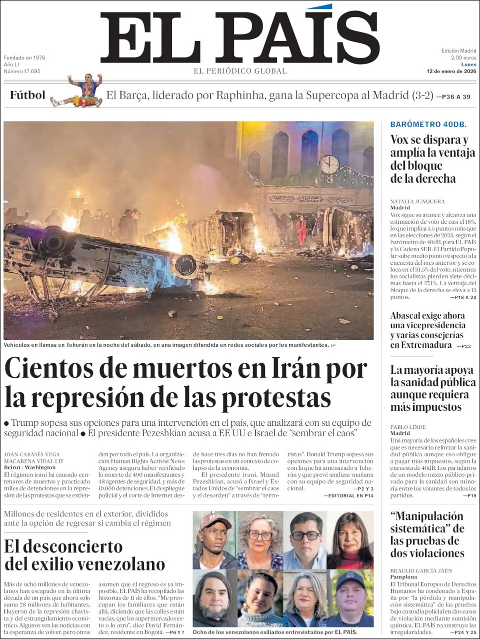 Portada de El Pais del lunes, 12 de enero de 2026