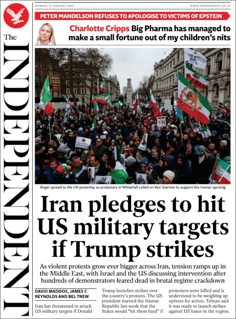 Portada de The Independent del lunes, 12 de enero de 2026
