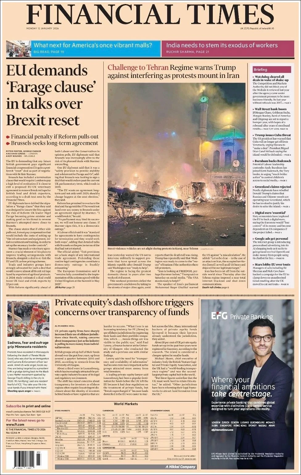 Portada de Financial Times del lunes, 12 de enero de 2026