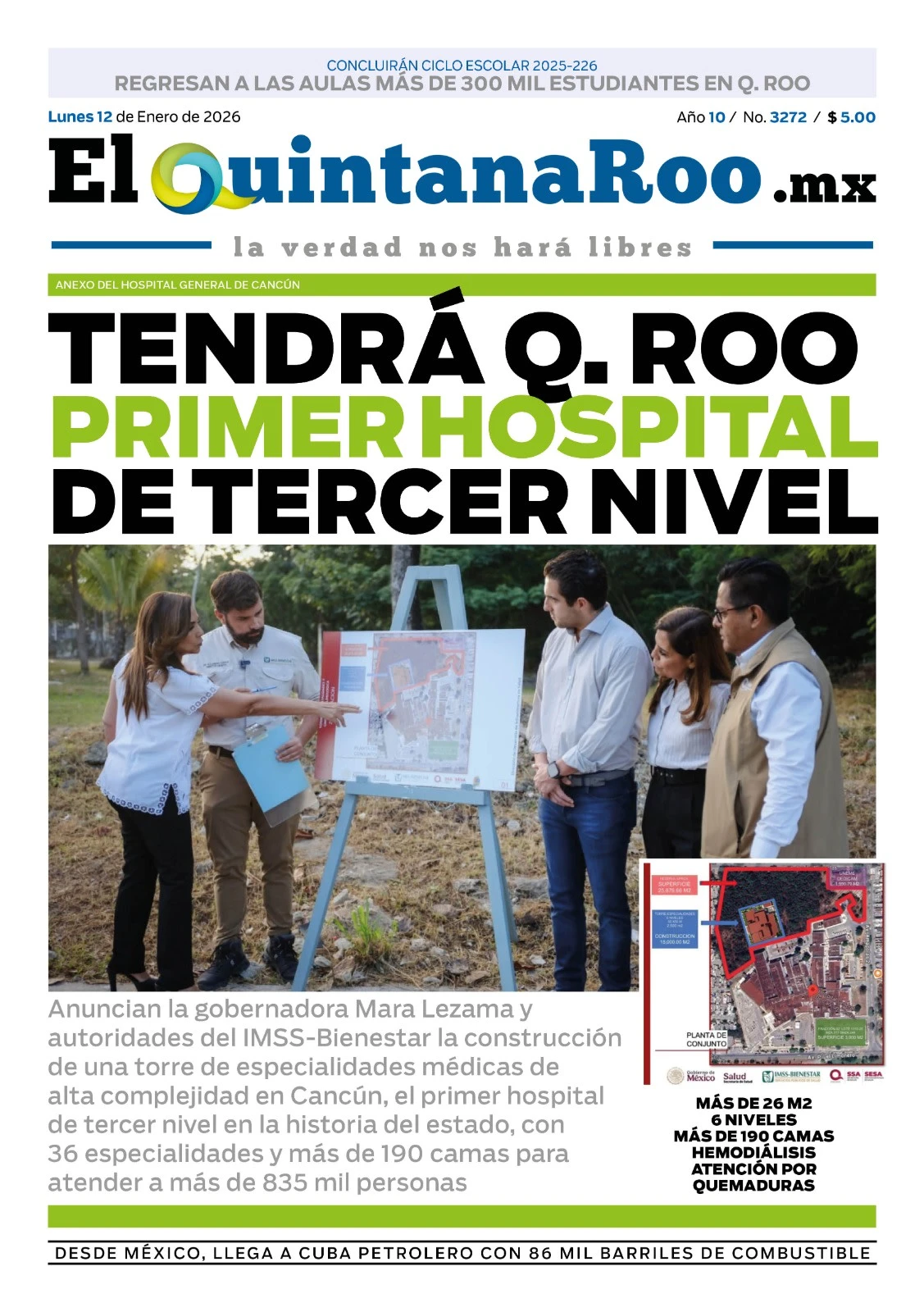Portada de El Quintana Roo (portada) del lunes, 12 de enero de 2026