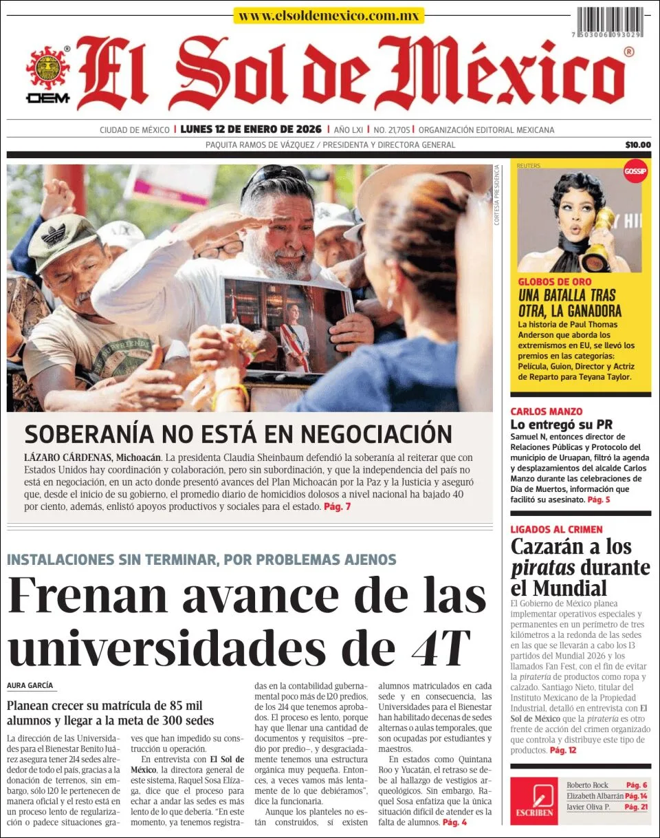 Portada de El Sol de Mexico del lunes, 12 de enero de 2026
