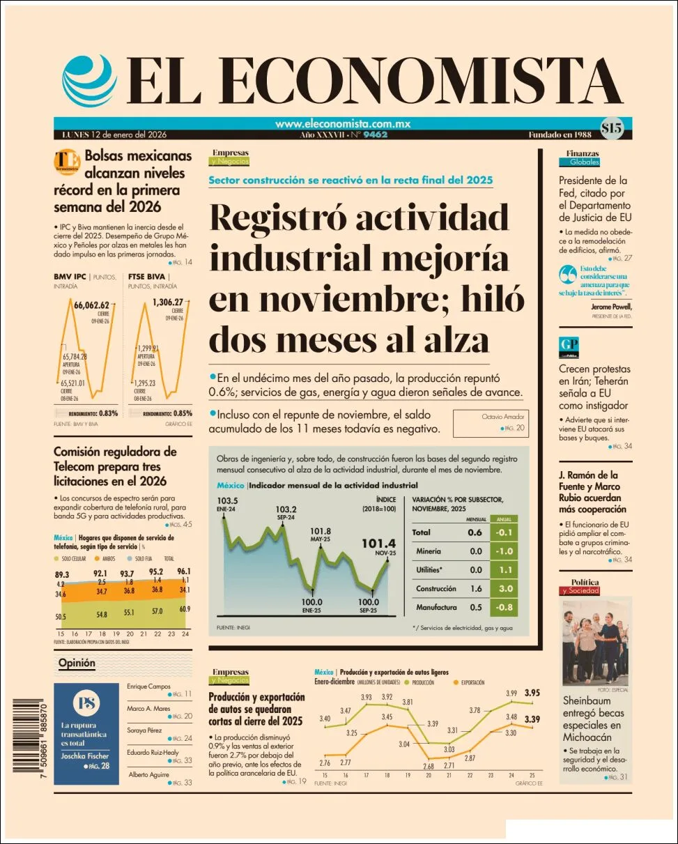 Portada de El Economista del lunes, 12 de enero de 2026