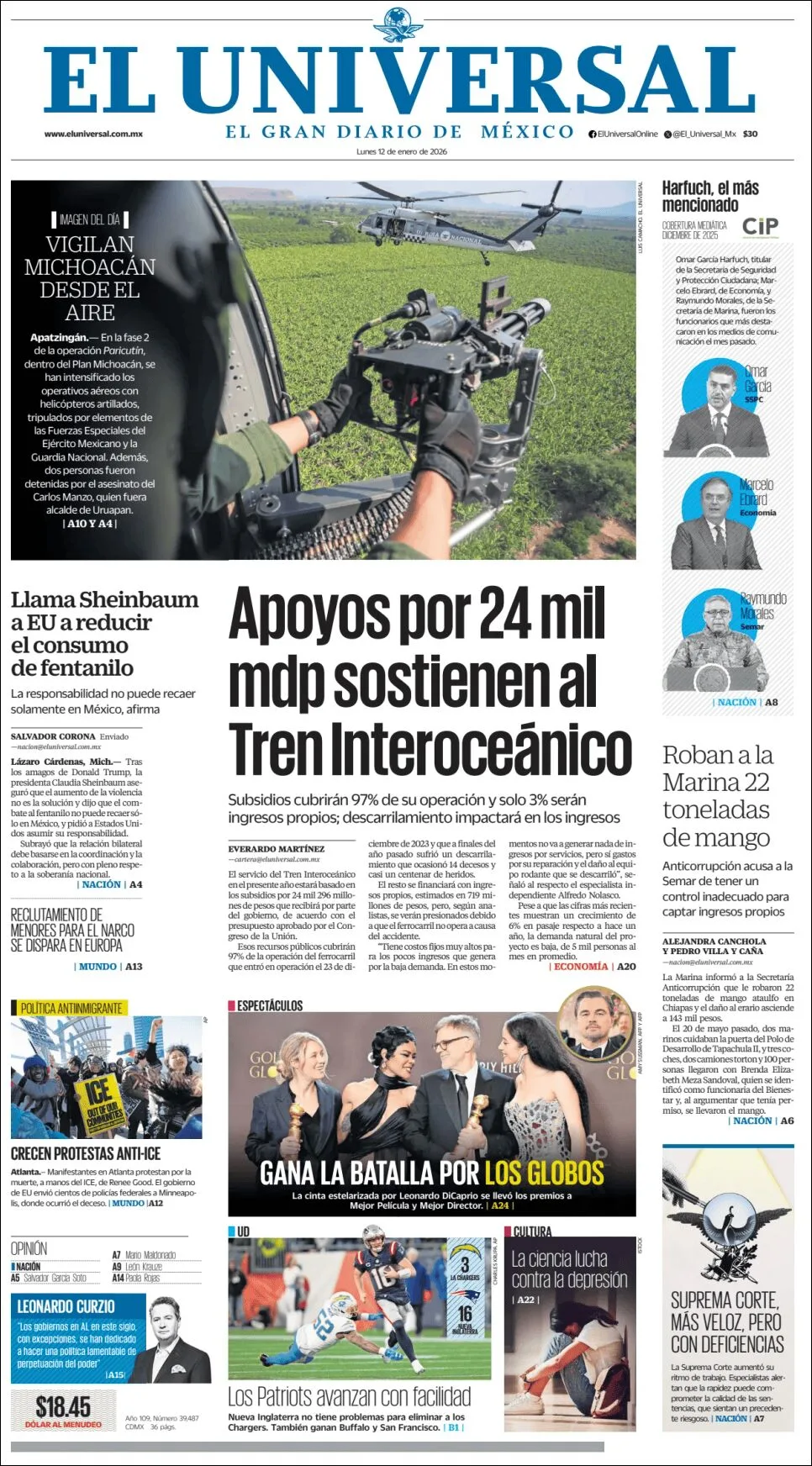 Portada de El Universal del lunes, 12 de enero de 2026