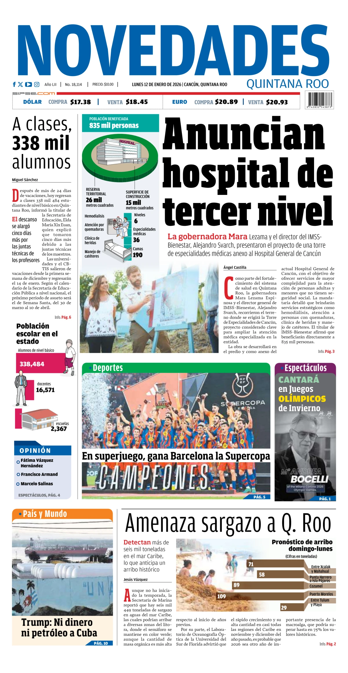 Portada de Novedades Quintana Roo del lunes, 12 de enero de 2026