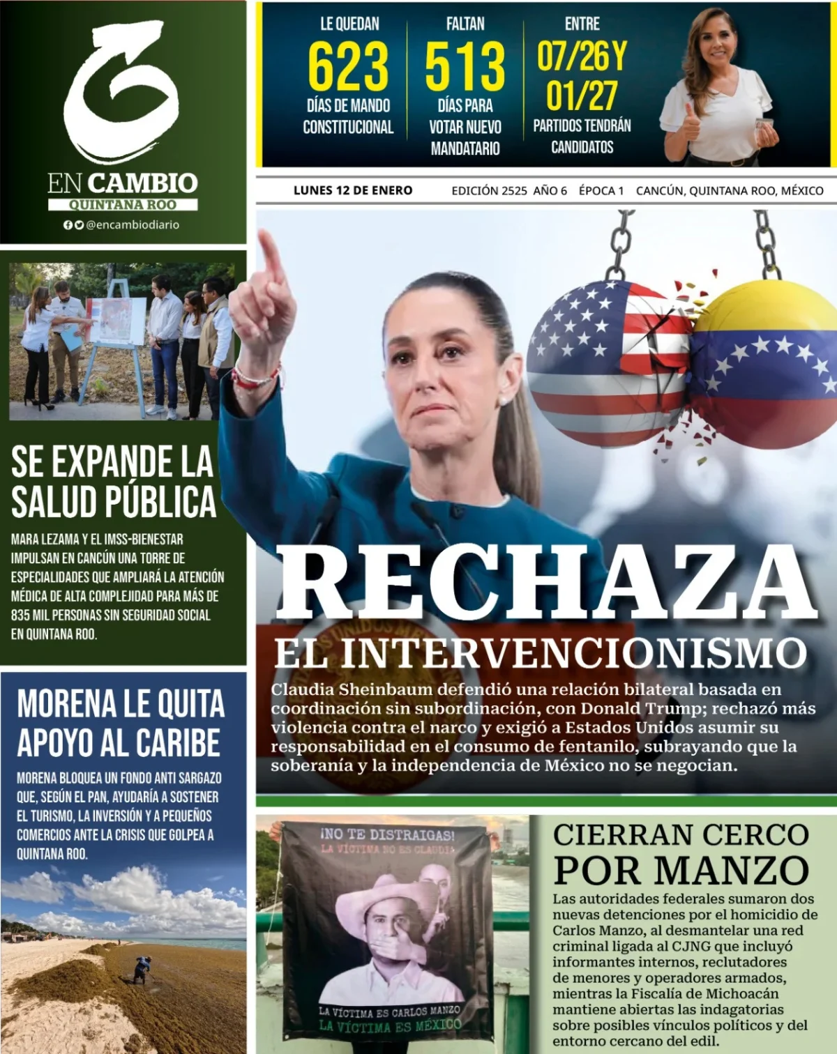 Portada de En Cambio - Quintana Roo (portada) del lunes, 12 de enero de 2026