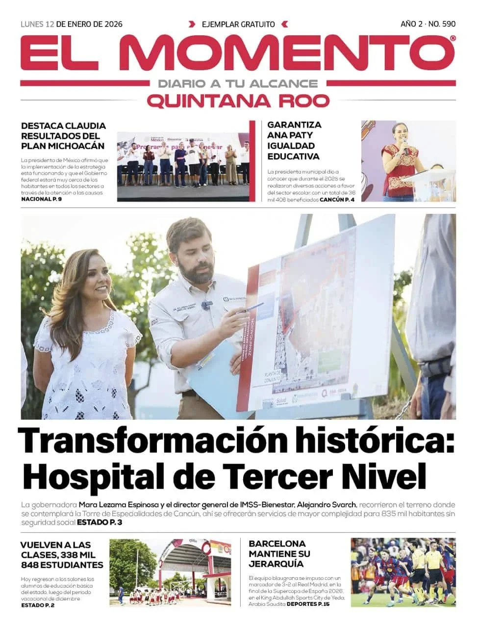 Portada de El Momento Quintana Roo del lunes, 12 de enero de 2026