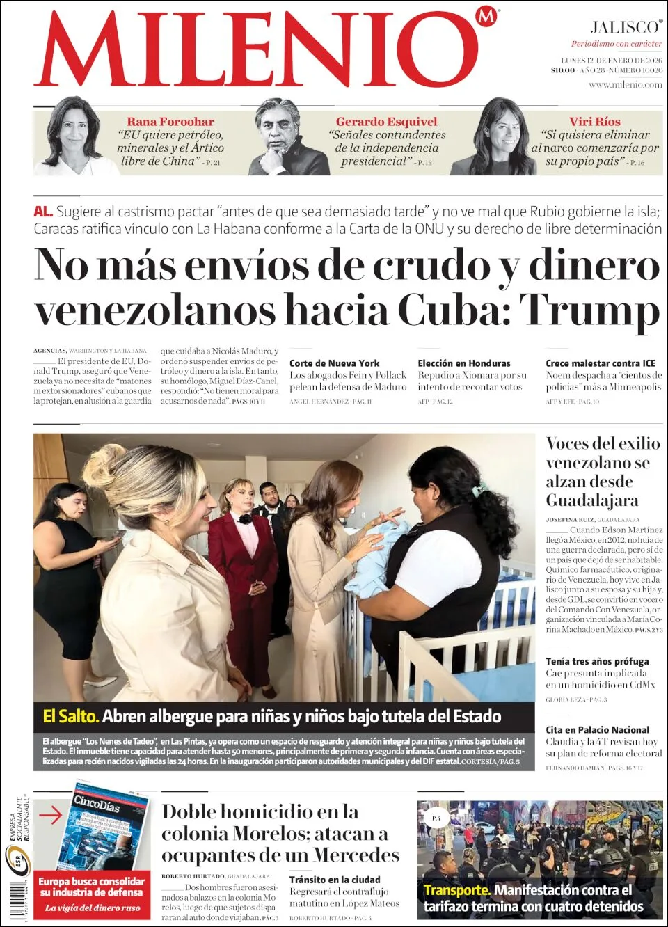Portada de Milenio Jalisco del lunes, 12 de enero de 2026