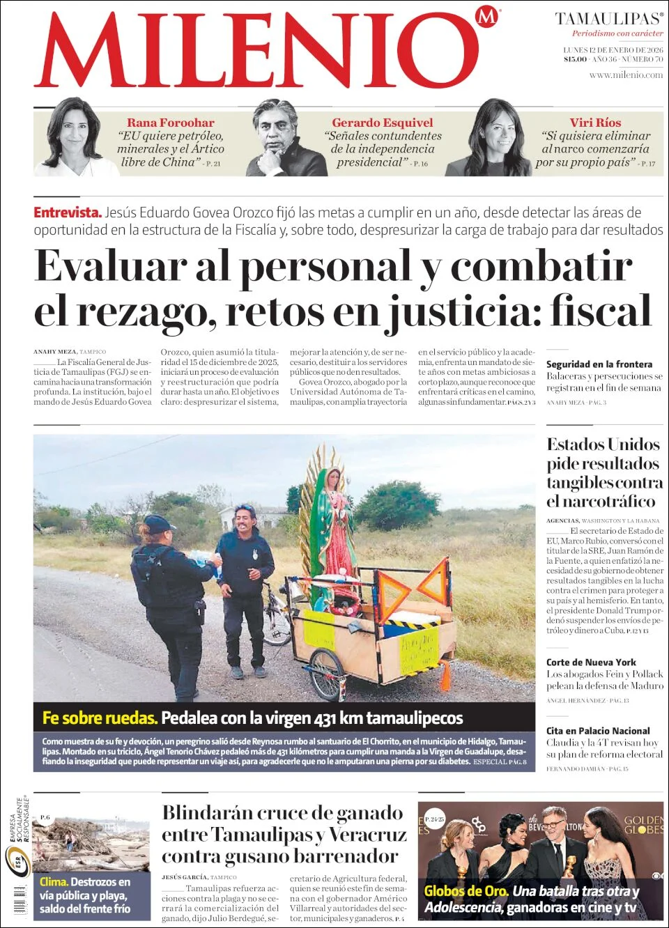 Portada de Milenio Tamaulipas del lunes, 12 de enero de 2026