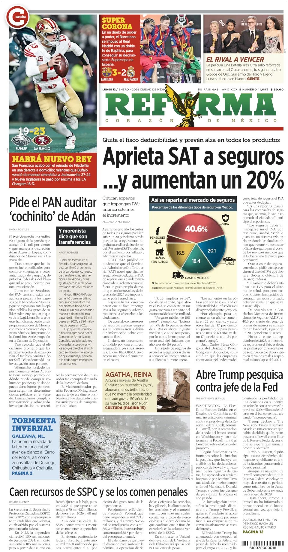 Portada de Reforma del lunes, 12 de enero de 2026