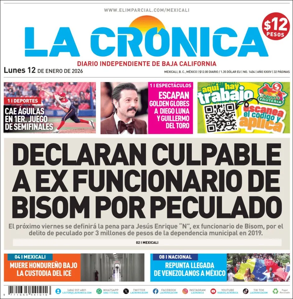 Portada de La Cronica del lunes, 12 de enero de 2026