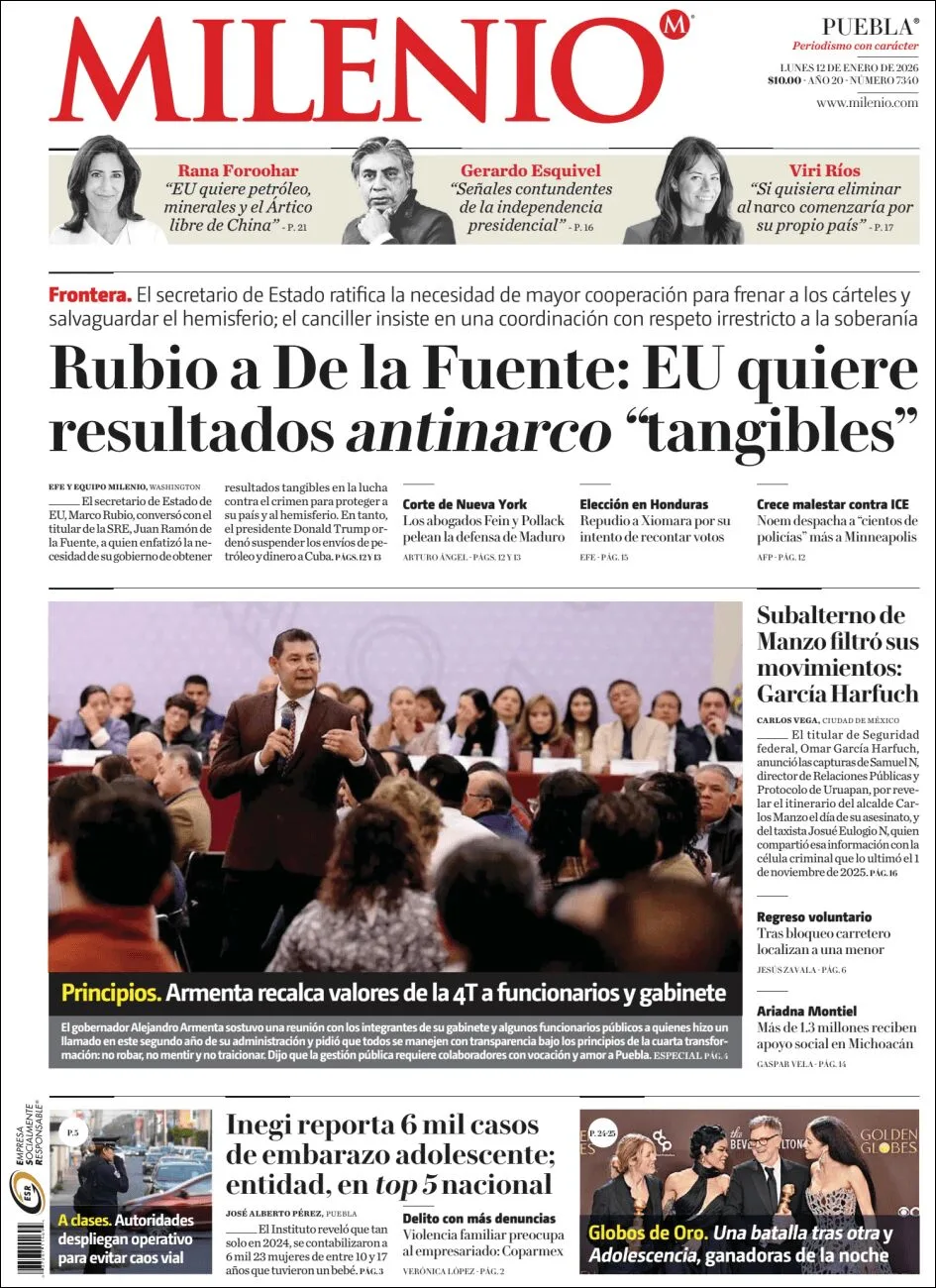 Portada de Milenio Puebla del lunes, 12 de enero de 2026