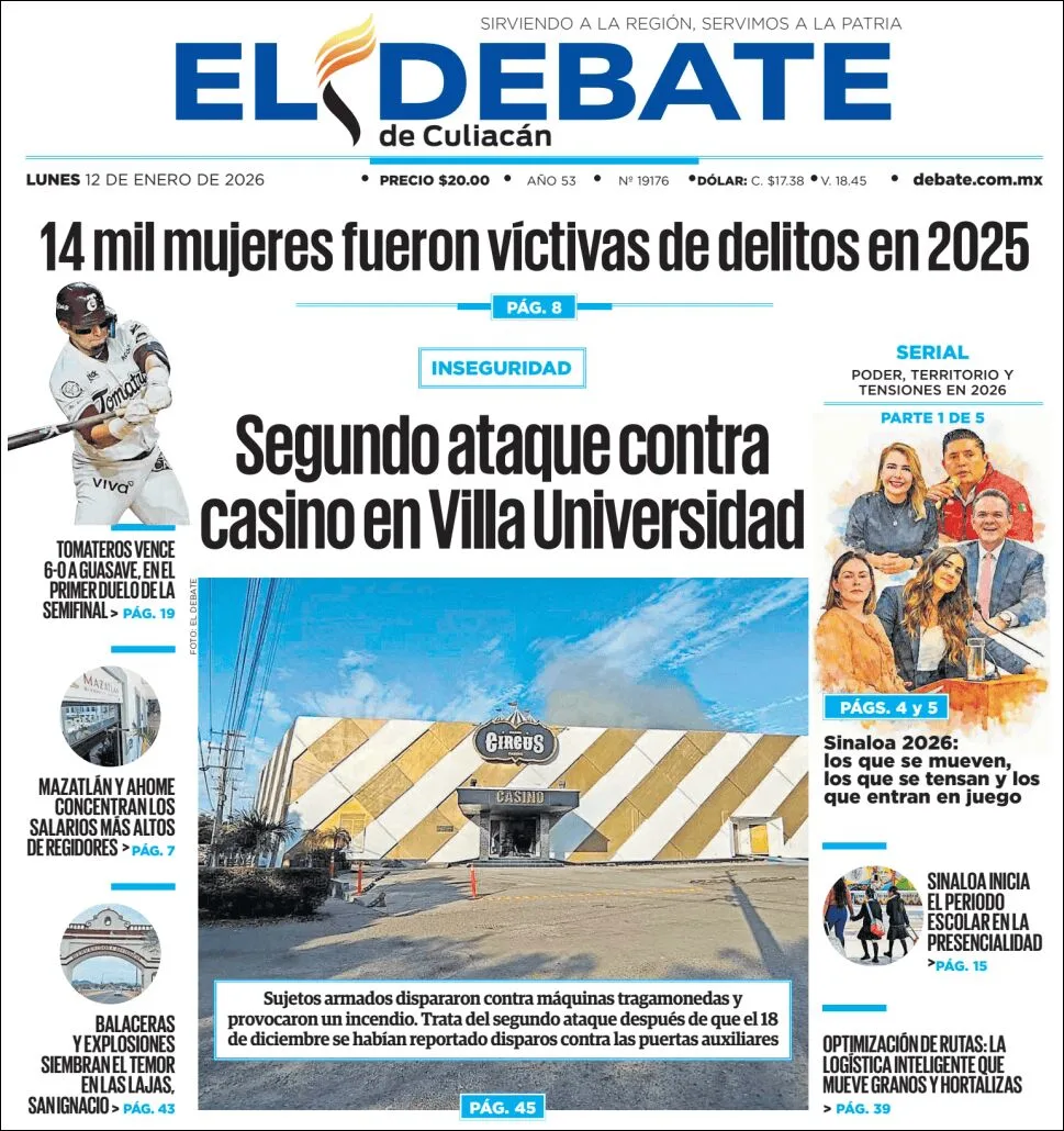 Portada de El Debate de Culiacan del lunes, 12 de enero de 2026