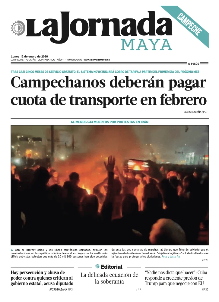 Portada de La Jornada Maya Campeche del lunes, 12 de enero de 2026