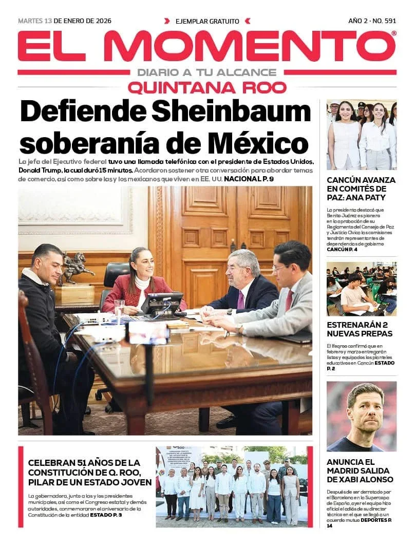 Portada de El Momento Quintana Roo del martes, 13 de enero de 2026