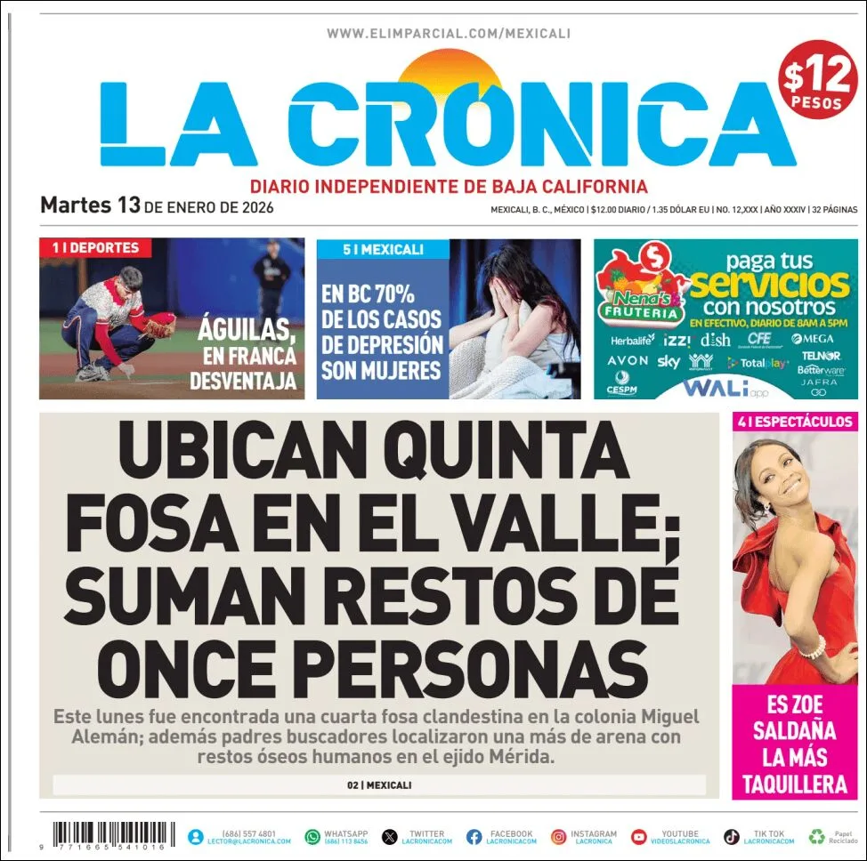 Portada de La Cronica del martes, 13 de enero de 2026