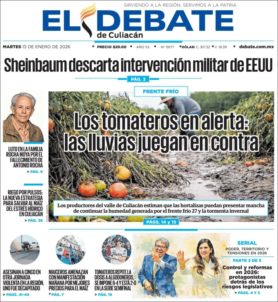 Portada de El Debate de Culiacan del martes, 13 de enero de 2026