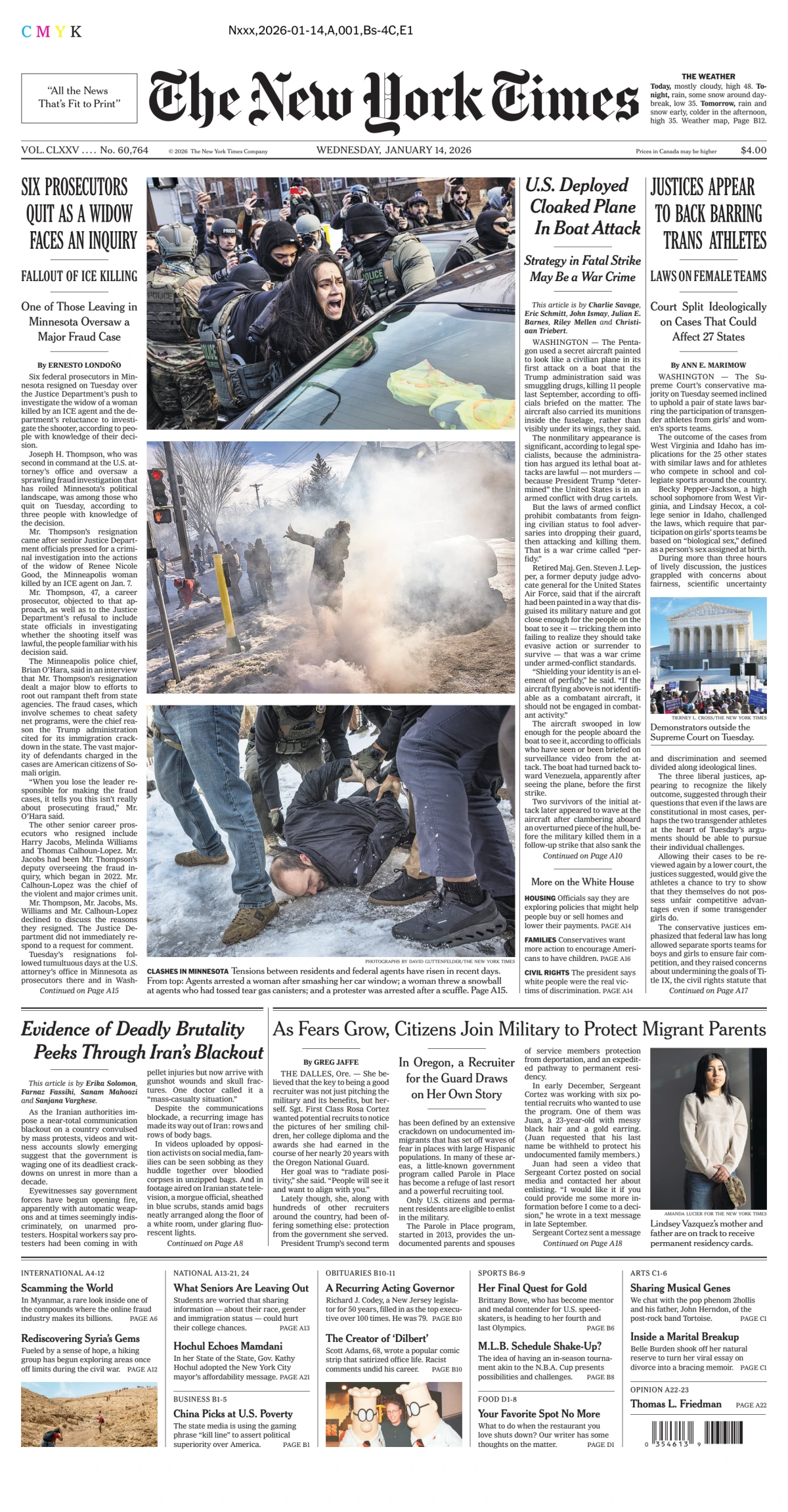 Portada de The New York Times (new York) del miércoles, 14 de enero de 2026