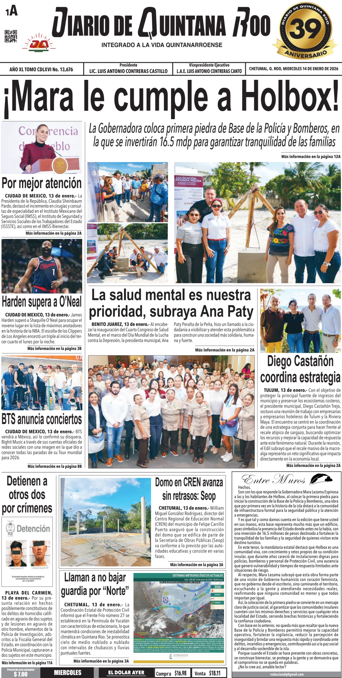 Portada de Diario de Quintana Roo (portada) del miércoles, 14 de enero de 2026