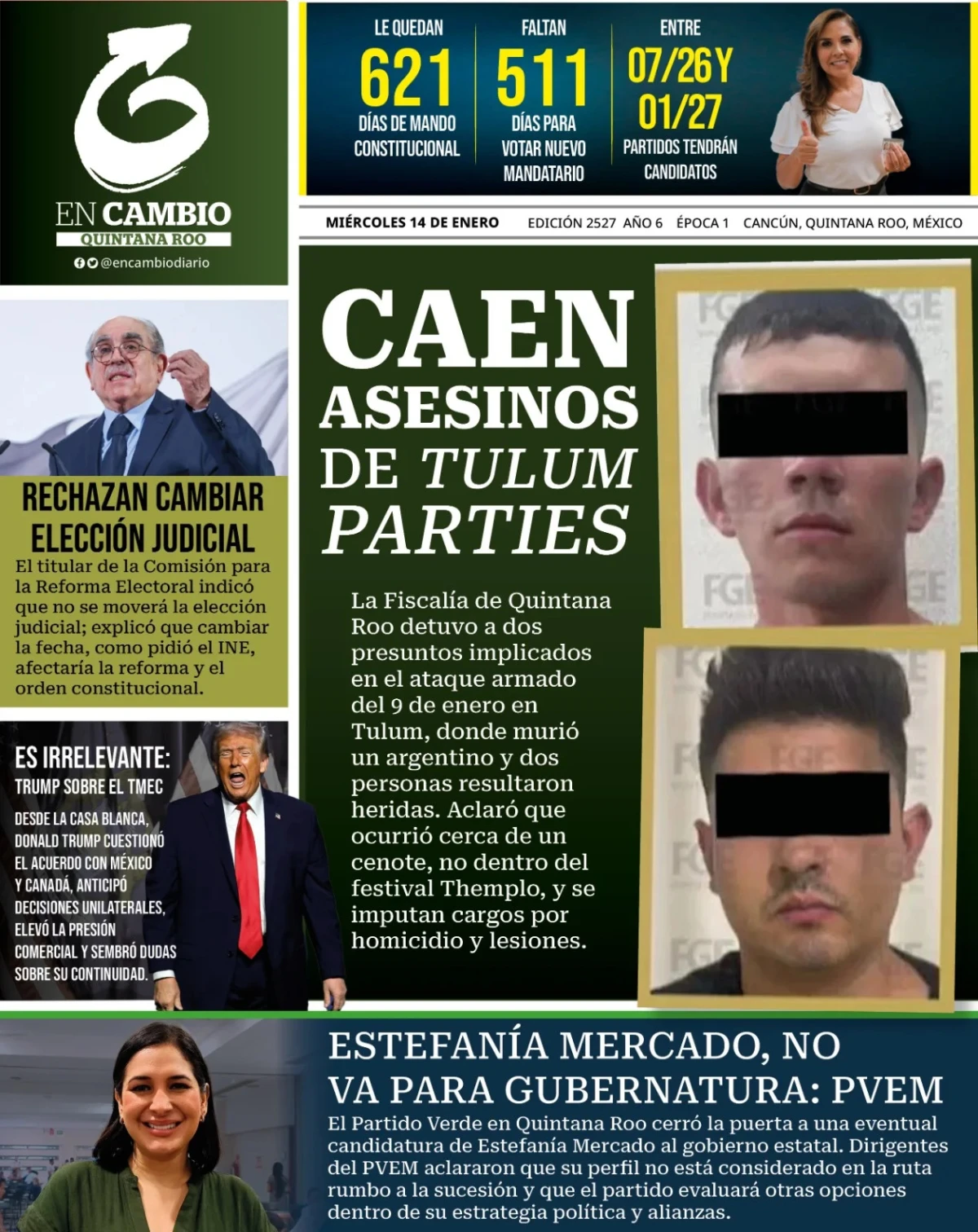 Portada de En Cambio - Quintana Roo (portada) del miércoles, 14 de enero de 2026