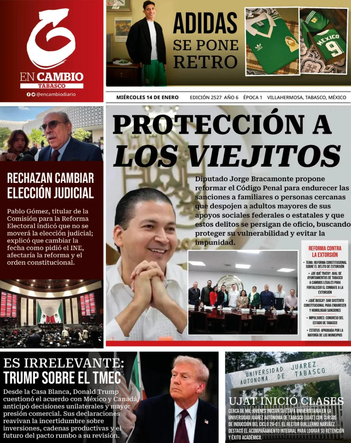 Portada de En Cambio - Tabasco (portada) del miércoles, 14 de enero de 2026
