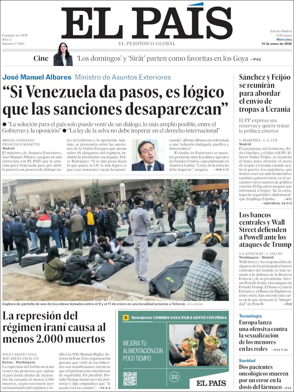 Portada de El Pais del miércoles, 14 de enero de 2026