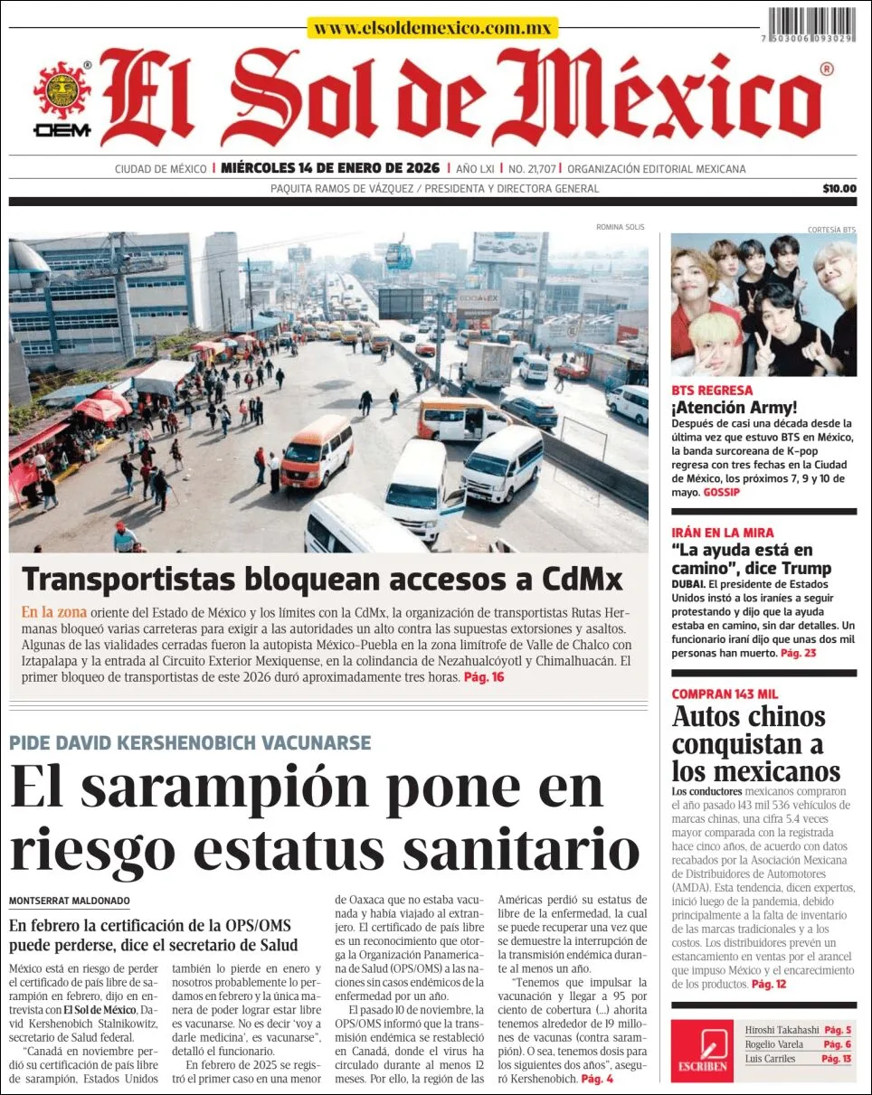 Portada de El Sol de Mexico del miércoles, 14 de enero de 2026