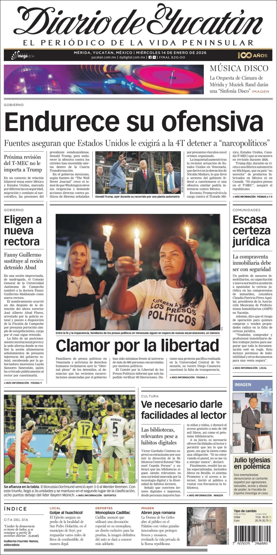 Portada de Diario de Yucatán del miércoles, 14 de enero de 2026
