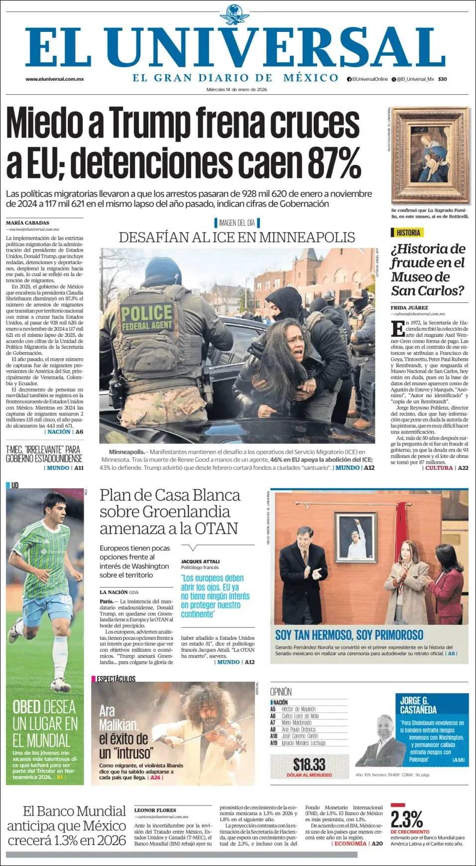 Portada de El Universal del miércoles, 14 de enero de 2026