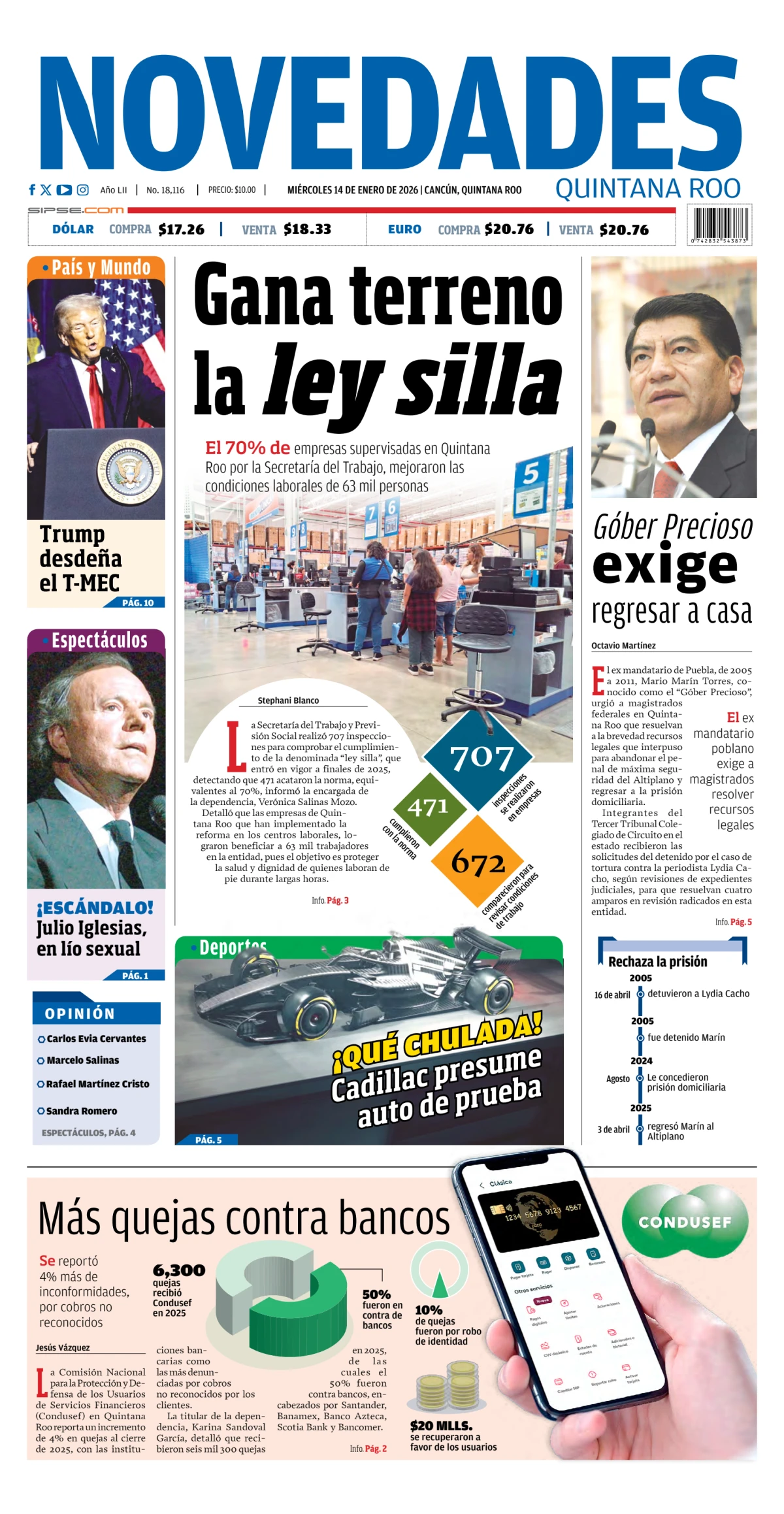Portada de Novedades Quintana Roo del miércoles, 14 de enero de 2026