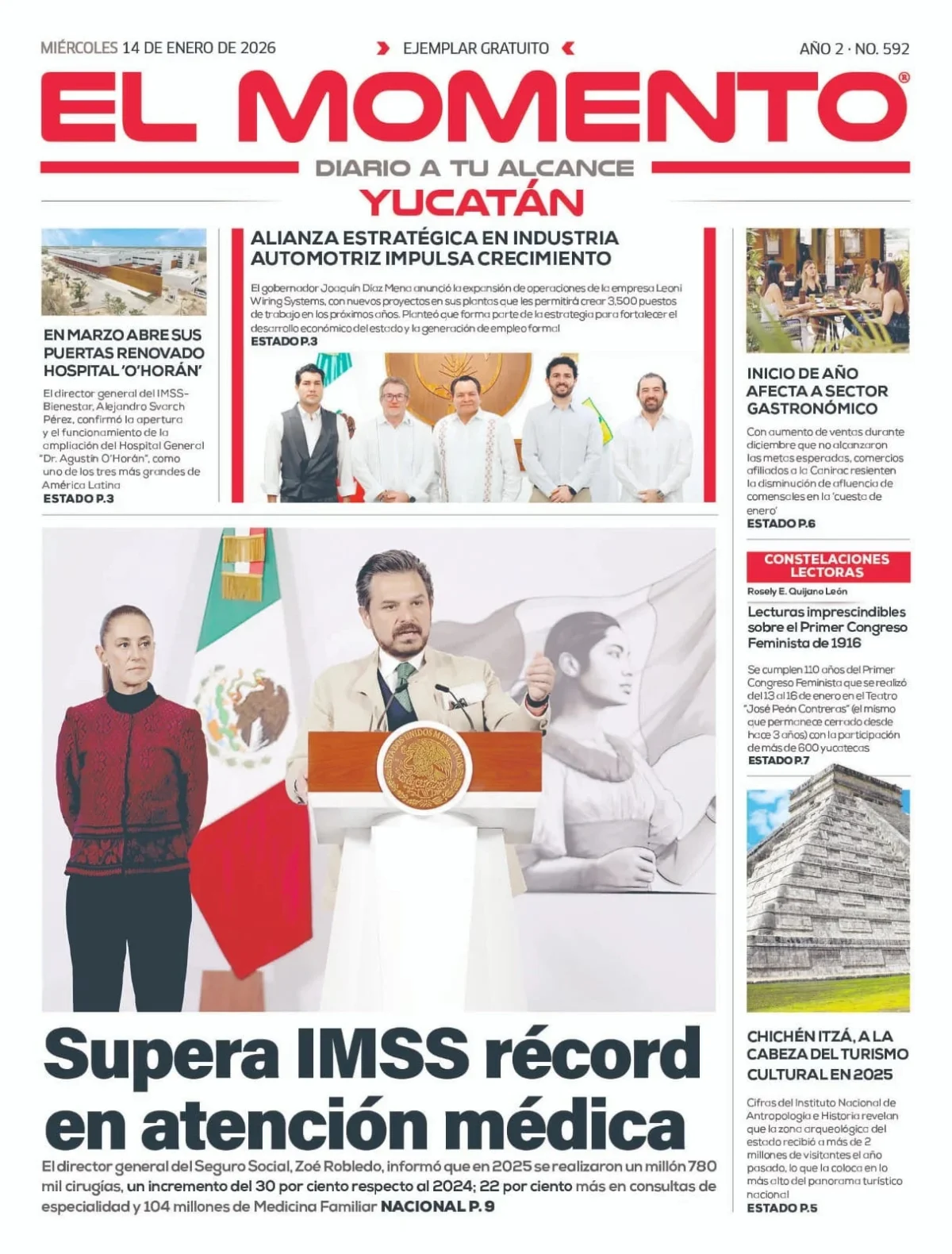 Portada de El Momento Yucatan del miércoles, 14 de enero de 2026
