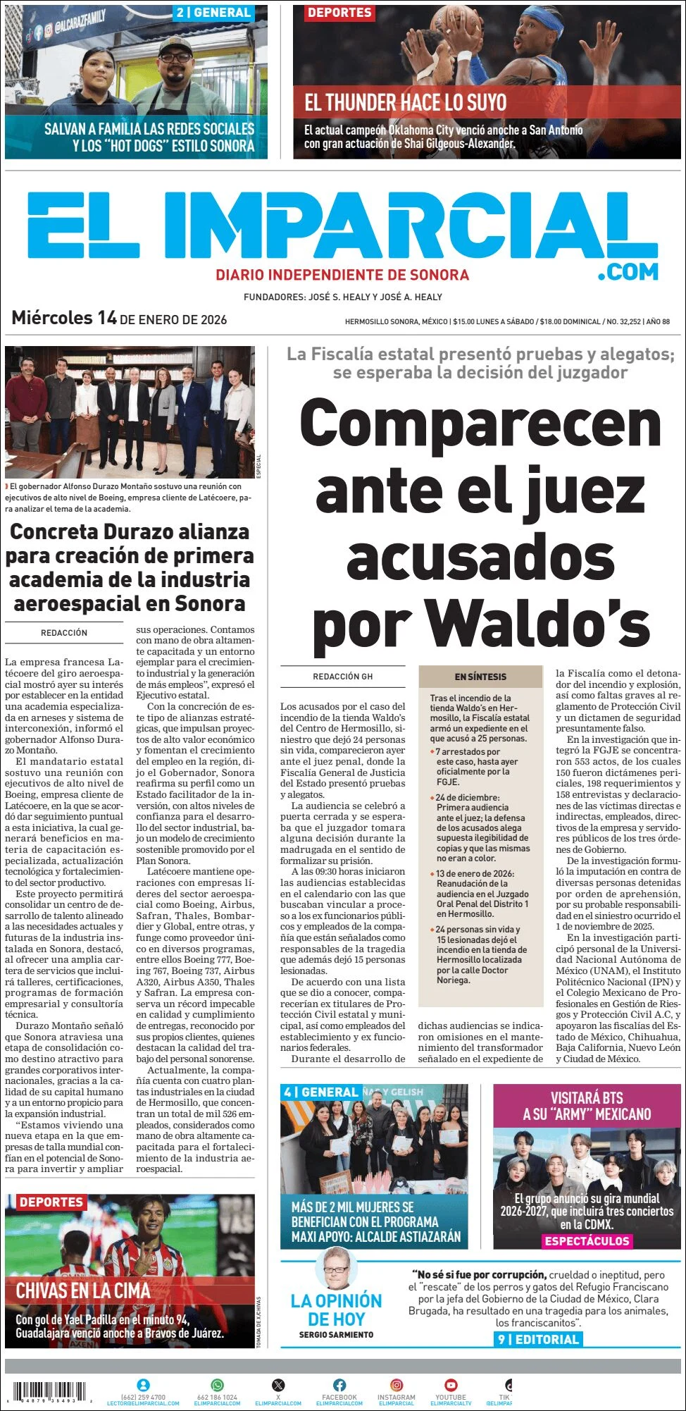Portada de El Imparcial del miércoles, 14 de enero de 2026