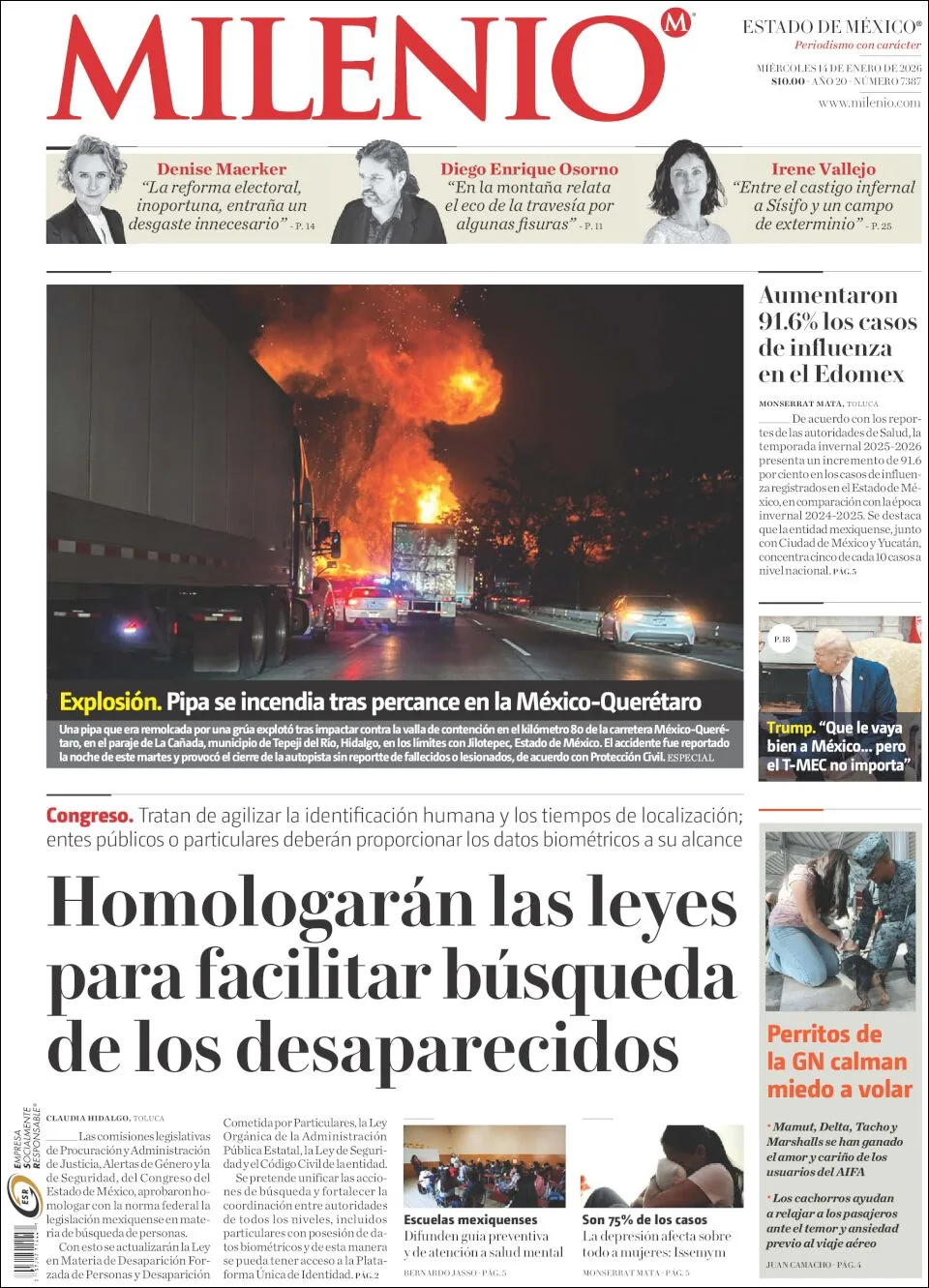 Portada de Milenio Edo de Mexico del miércoles, 14 de enero de 2026