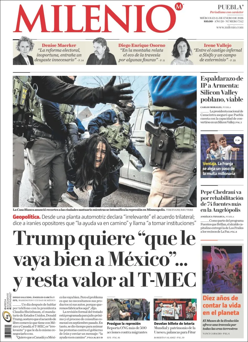 Portada de Milenio Puebla del miércoles, 14 de enero de 2026