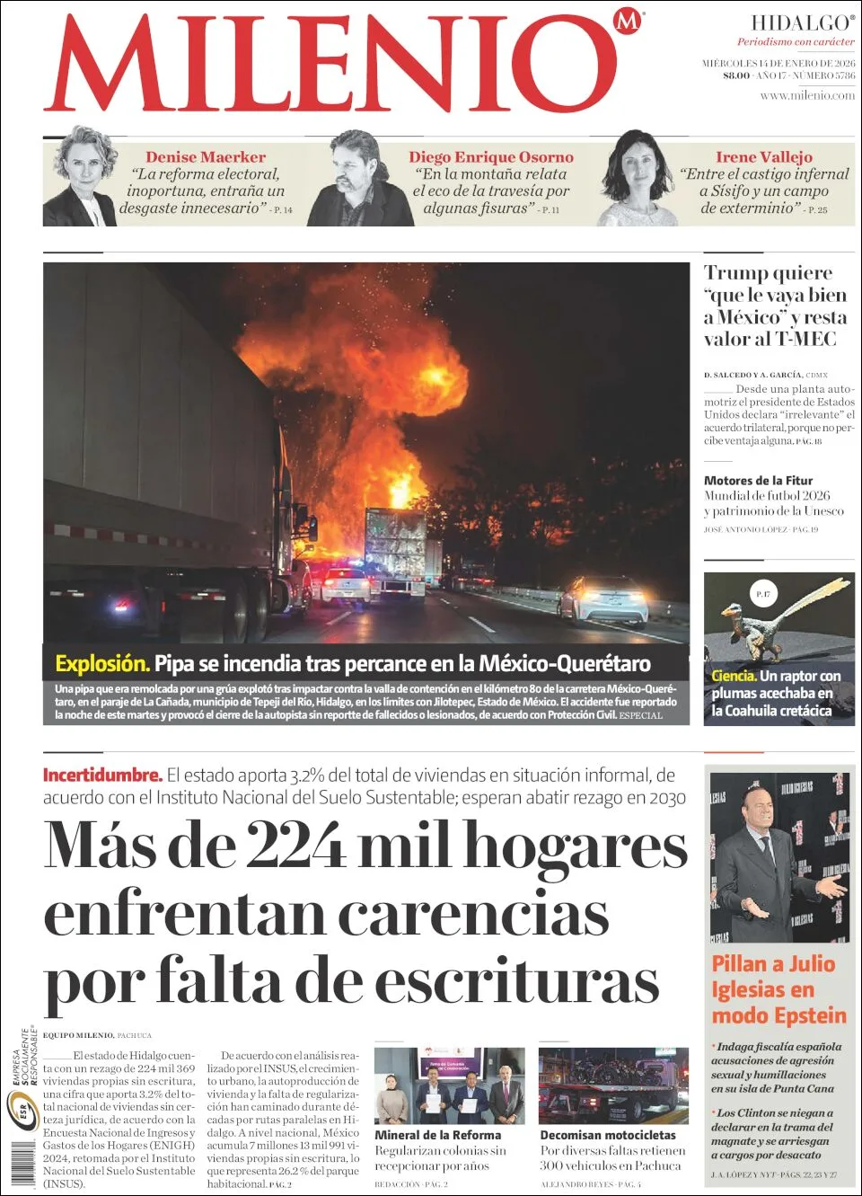 Portada de Milenio Hidalgo del miércoles, 14 de enero de 2026