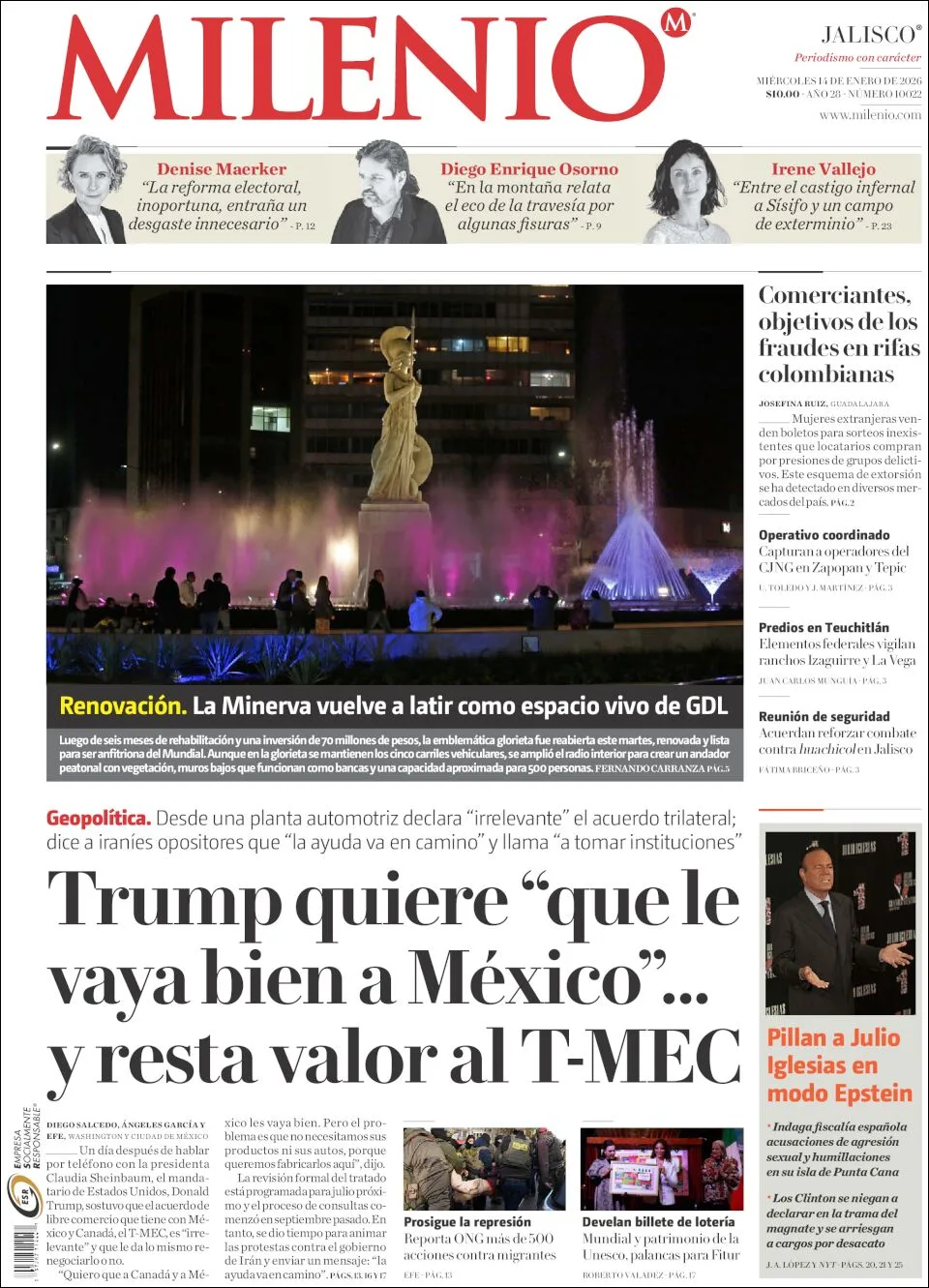 Portada de Milenio Jalisco del miércoles, 14 de enero de 2026