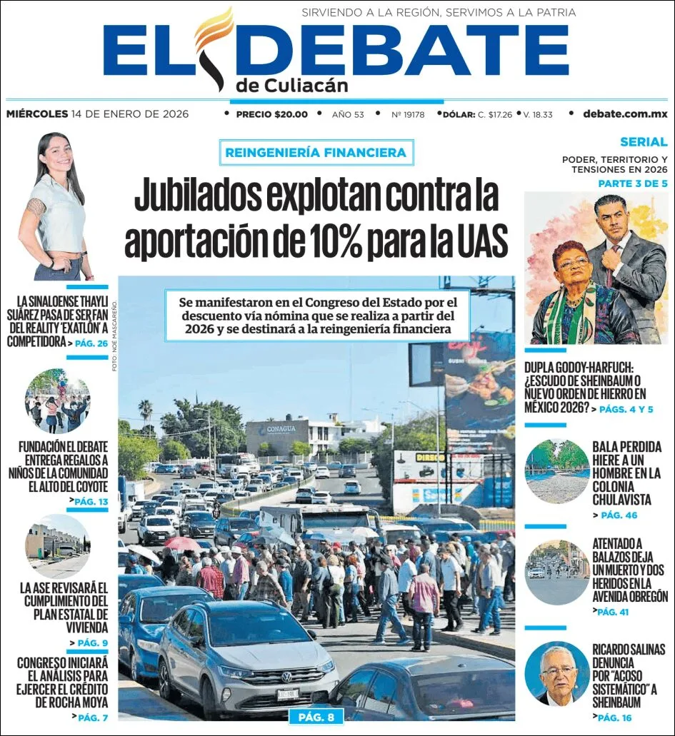 Portada de El Debate de Culiacan del miércoles, 14 de enero de 2026