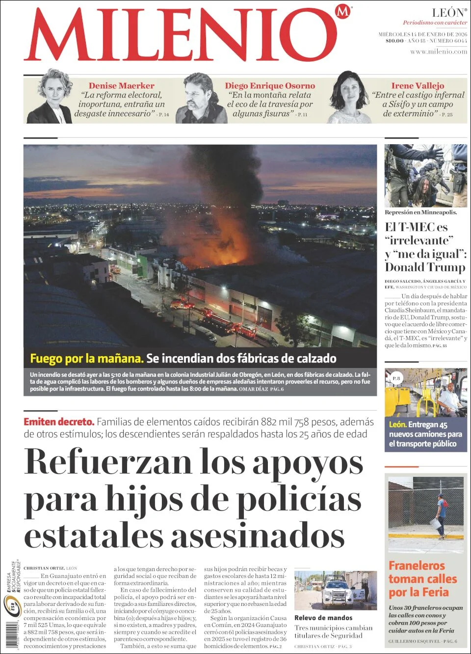 Portada de Milenio Leon del miércoles, 14 de enero de 2026