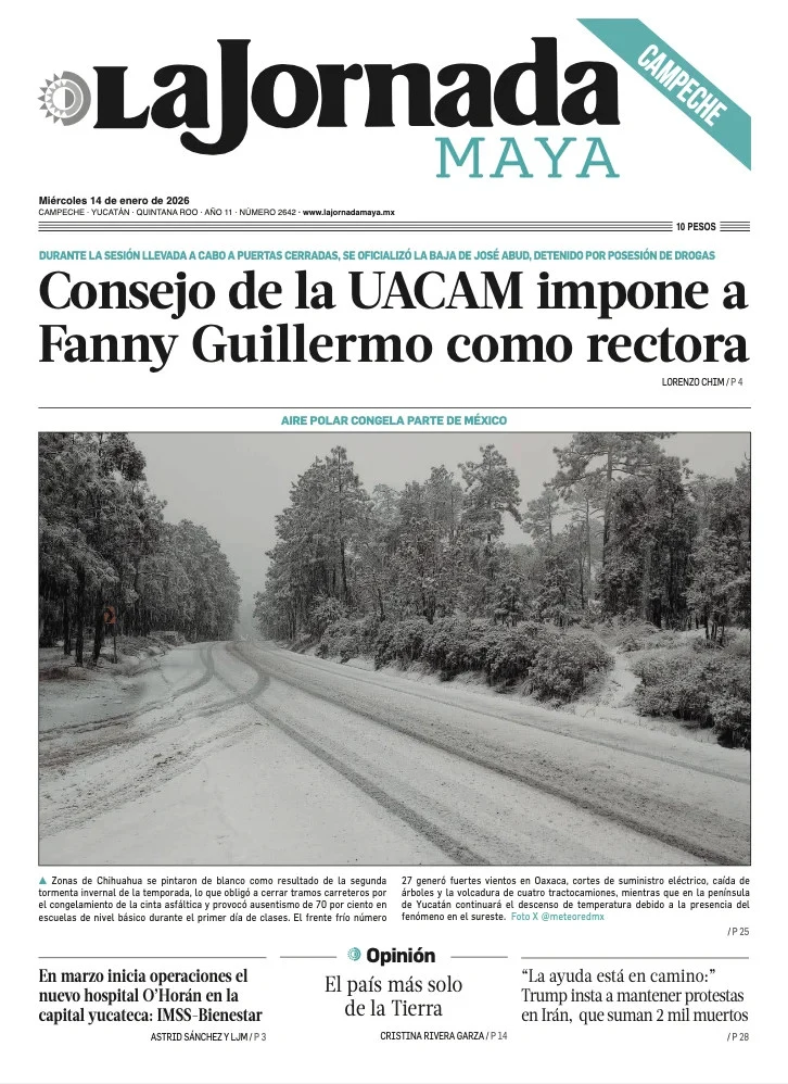 Portada de La Jornada Maya Campeche del miércoles, 14 de enero de 2026
