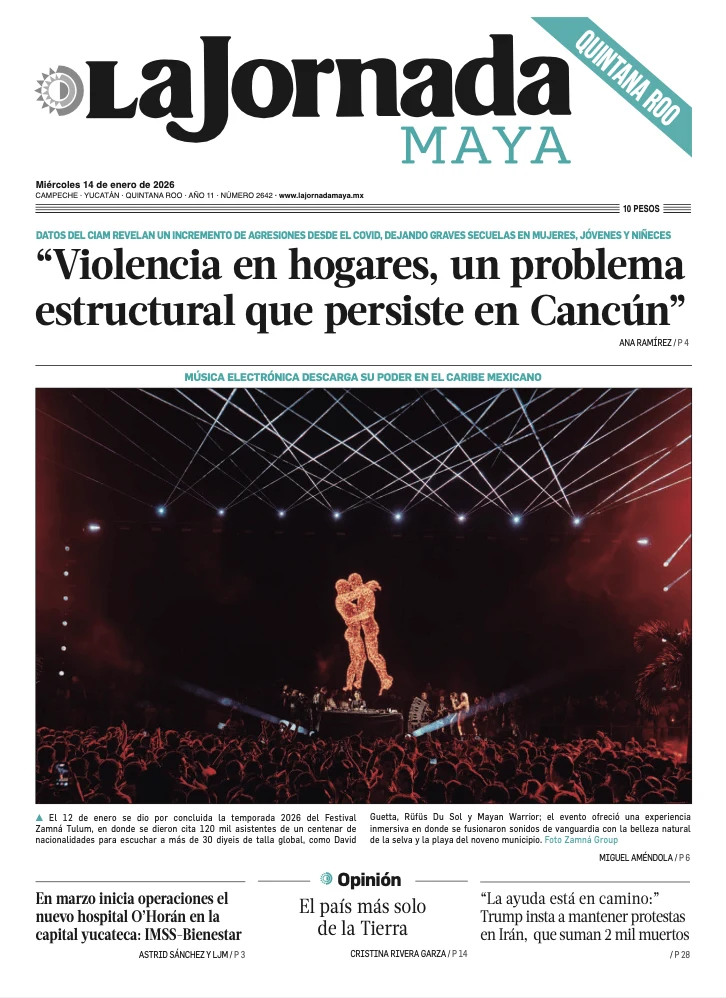 Portada de La Jornada Maya Quintana Roo del miércoles, 14 de enero de 2026