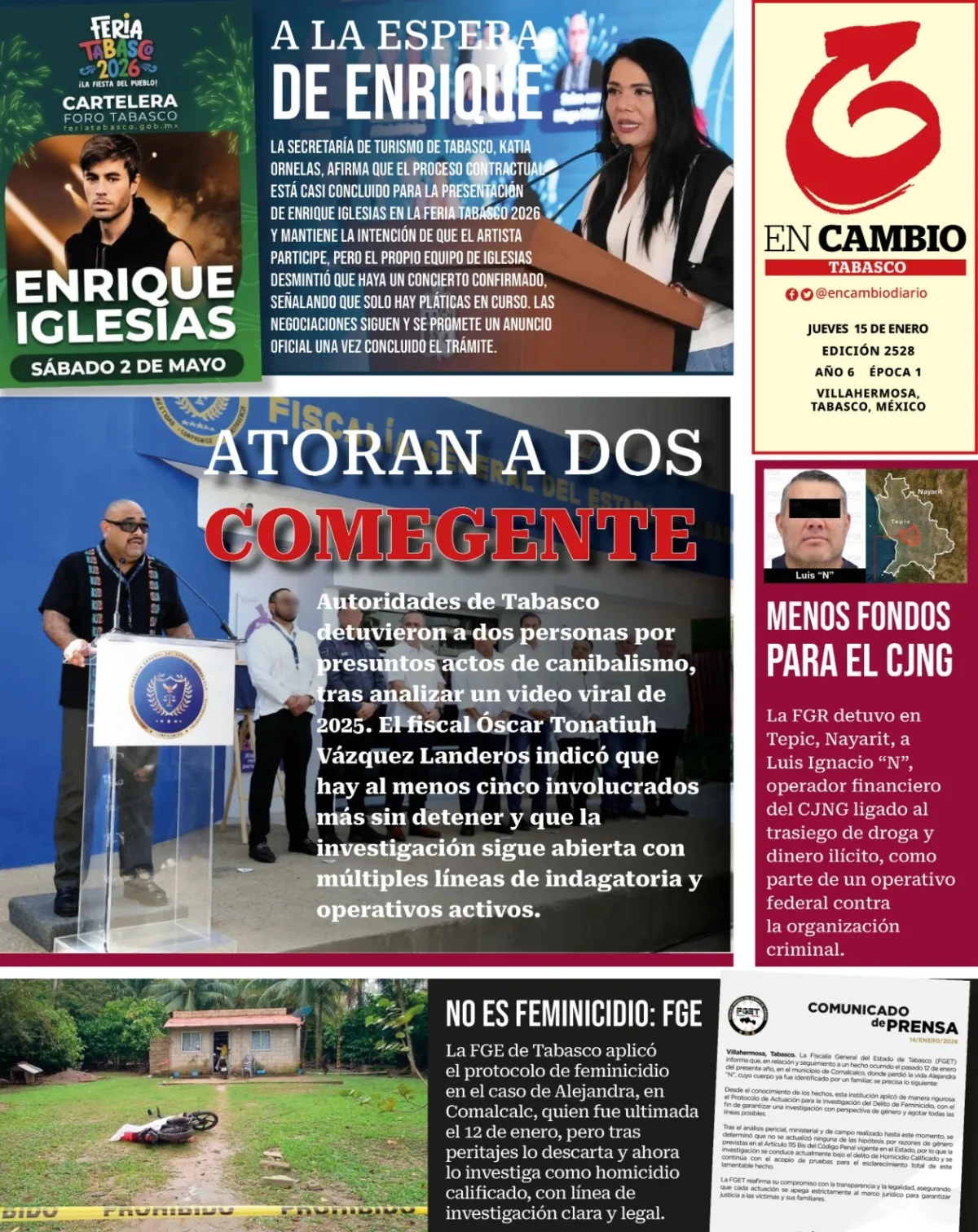 Portada de En Cambio - Tabasco (contraportada) del jueves, 15 de enero de 2026