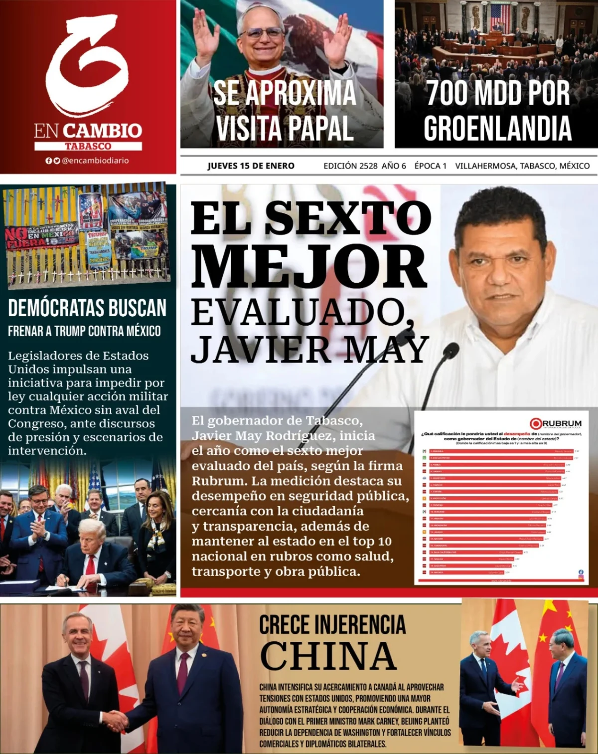 Portada de En Cambio - Tabasco (portada) del jueves, 15 de enero de 2026