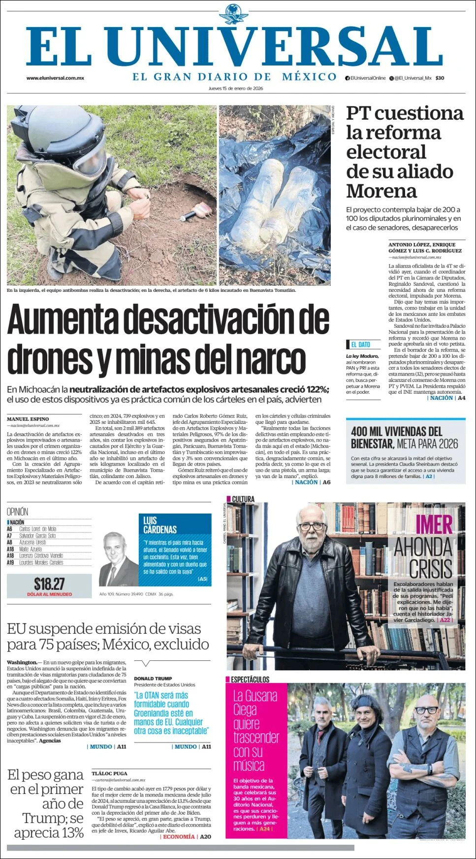 Portada de El Universal del jueves, 15 de enero de 2026
