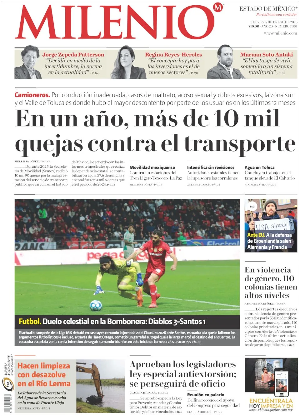 Portada de Milenio Edo de Mexico del jueves, 15 de enero de 2026